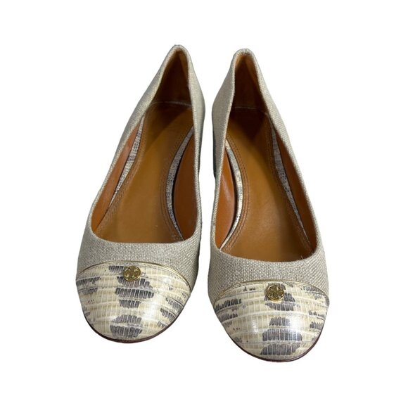Tory Burch Women’s Natural Gold Tejus Lizard Print Heels Sz 9M - - Picture 4 of 10